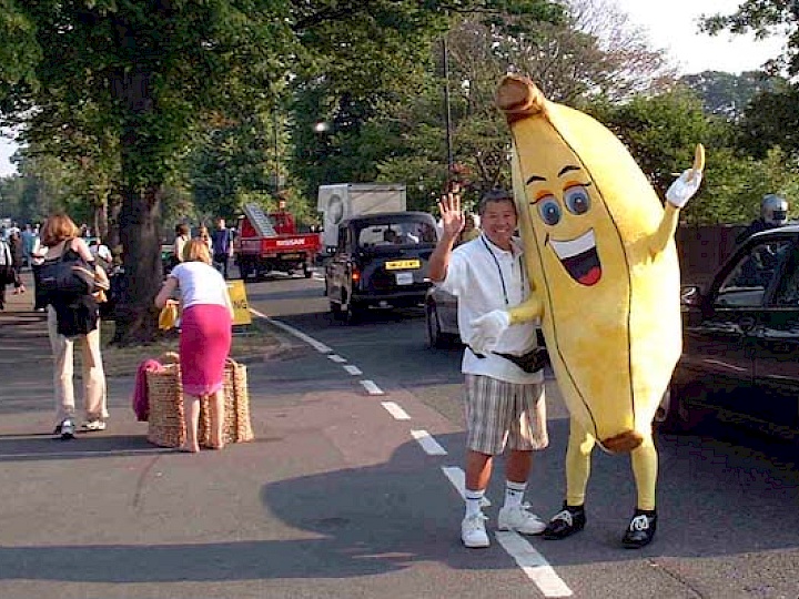 Sam with banana outside Wimbledon